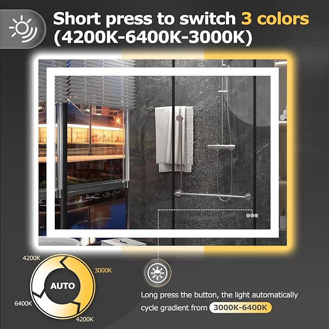 48X36 LED Bathroom Mirror with Lights, Anti-Fog, Dimmable, Backlit + Front Lit, Smart Bathroom Vanity Mirror, Memory Function, Shatterproof, Tempered Glass (Horizontal/Vertical)