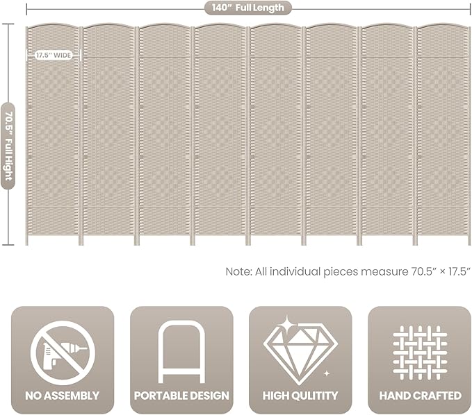 8 Panel Room Divider,6Ft Folding Privacy Screen,Tall - Extra Wide Foldable Panel Partition Wall Divider with Diamond Double-Weaved Hand-Woven Design Room Screen Divider