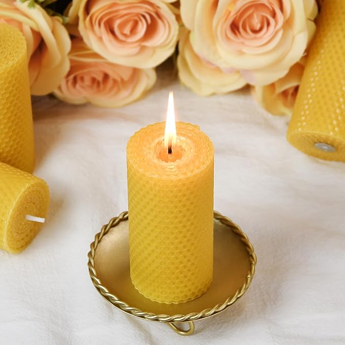 Drippless Beeswax Pillar Candle - Set of 2 - Hand Rolled Pure Natural Beeswax Candles 2 x 4 inch, Honeycomb Surface - Great for Home Decor, Best Choice for Mother Father or Sister Gift - Yellow