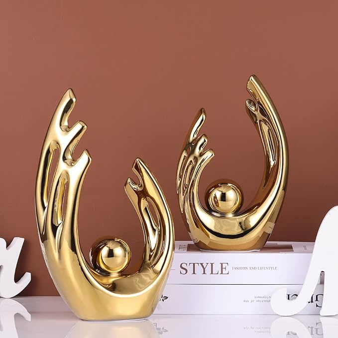 12" H Gold Aesthetic Room Decor Accent, TV Stand Funky Table Centerpiece, Abstract Art Ceramic Statue and Sculpture, Gold Decor for Living Room, Bookshelf Decorative Objects, Shelf Decor