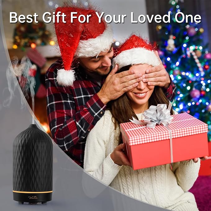 Wanlola Essential Oil Diffuser with Diamond Pattern,120ML Aromatherapy Ceramic Diffusers with Auto Off Function & Warm Light for Home,Decor,Black