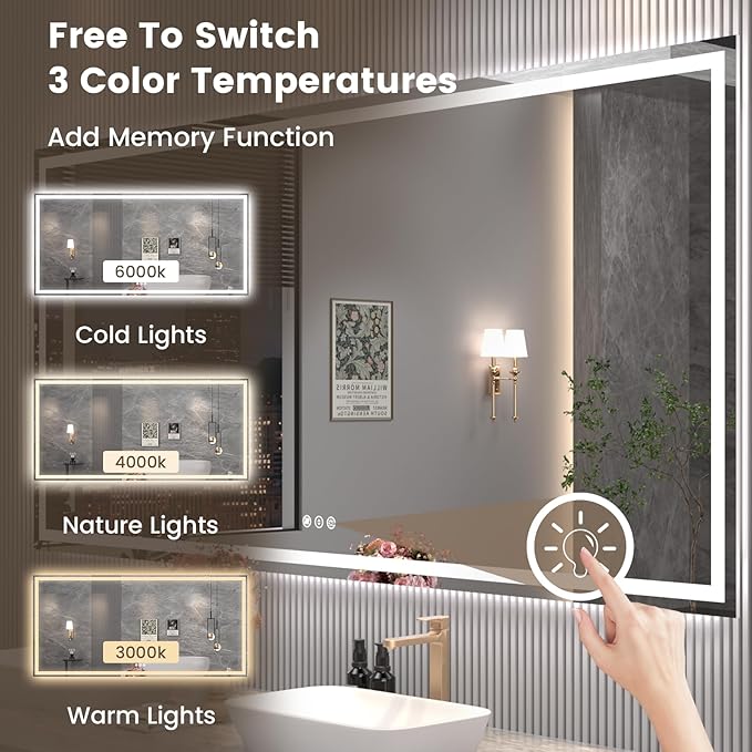88"X38" LED Bathroom Mirror with Front Lights and Backlit, Anti-Fog, Dimmable, Shatter-Proof Tempered Glass, Lighted Bathroom Vanity Mirror for Wall with 3 Colors, Memory Function