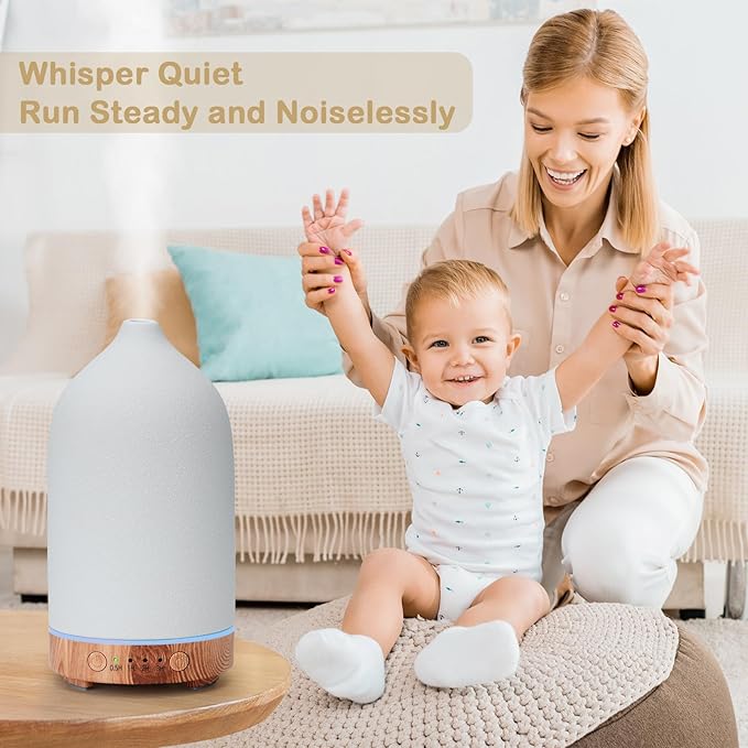 Diffuserlove Ceramic Essential Oil Diffuser for Room, Home, Bedroom - Aromatherapy Air Diffuser With Yellow Wood Pattern Base