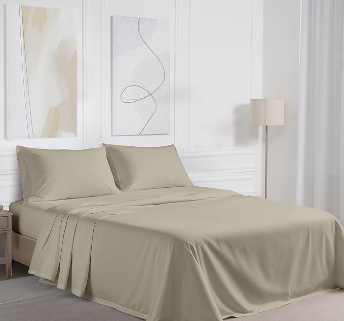 RUVANTI 100% Cotton Full Size Bed Sheets, 4 Pieces, Soft & Breathable Percale Weave Bedding, Deep Pocket 16", Hotel Standard, Crisp Cool Feel, Durable, Perfect Sheet Set Dyed, Taupe