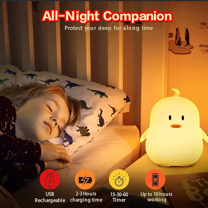 WHA&DARREN Penguin Night Light for Kids, Children Lamp Portable Rechargeable Silicone Baby Night Light, Remote Controlled Children's Animal Lamp Kawaii