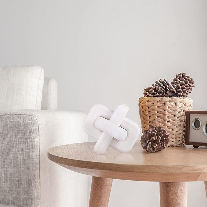 Wood Knot Decor Boho Hand-Carved White Wood Chain Knot Decor for Bookshelf, Shelf, Entryway Table, Coffee Table, Living Room TV Stand, Farmhouse Rustic Decor Aesthetics (White)