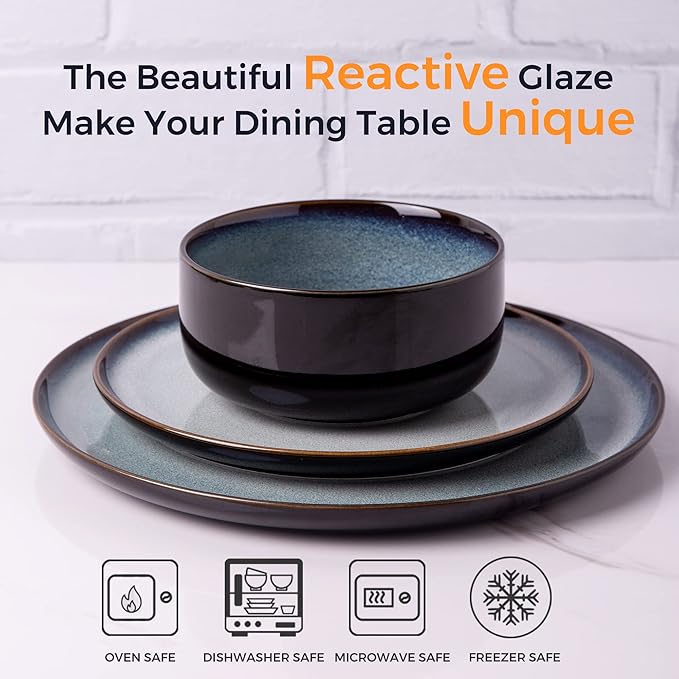 LERATIO Ceramic Plates Set of 6, 8.5 Inch Reactive Glaze Light Weight Porcelain Salad Plates,Modern Shape Dinnerware Dishes Set for Kitchen,Microwave&Dishwasher&Oven Safe,Resistant-Gray Blue