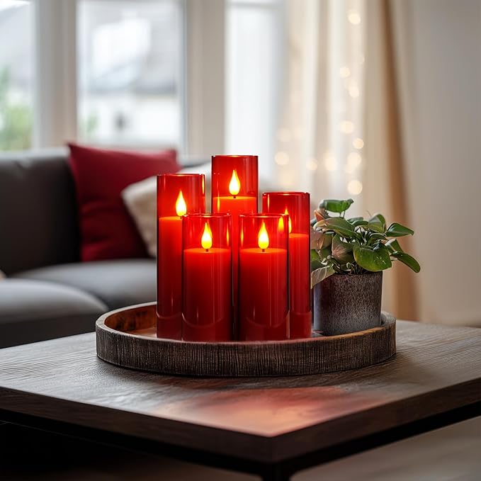 Amagic Red Flameless Candles with Remote, Battery Operated Candles with Timer, Acrylic Flickering LED Candles for Christmas Decor, 3D Wick, Warm Yellow Glow, D2.2 xH5 5" 6" 7" 8", Set of 5