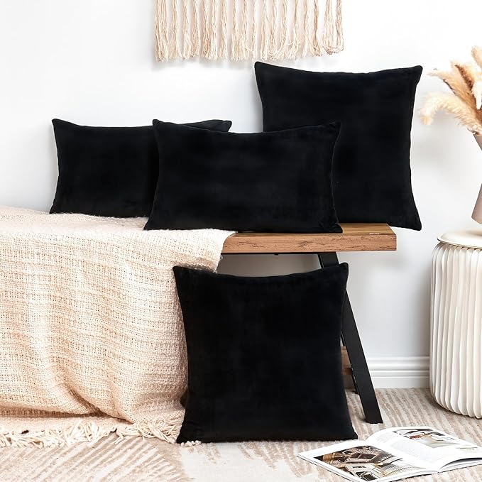 Throw Pillow Covers Decorative Velvet Set of 2 18x18 Inch Pillow Covers, Soft Black Pillowcases for Couch Sofa Bed Living Room, Farmhouse Home Boho Decor, Square Accent Cushion Covers