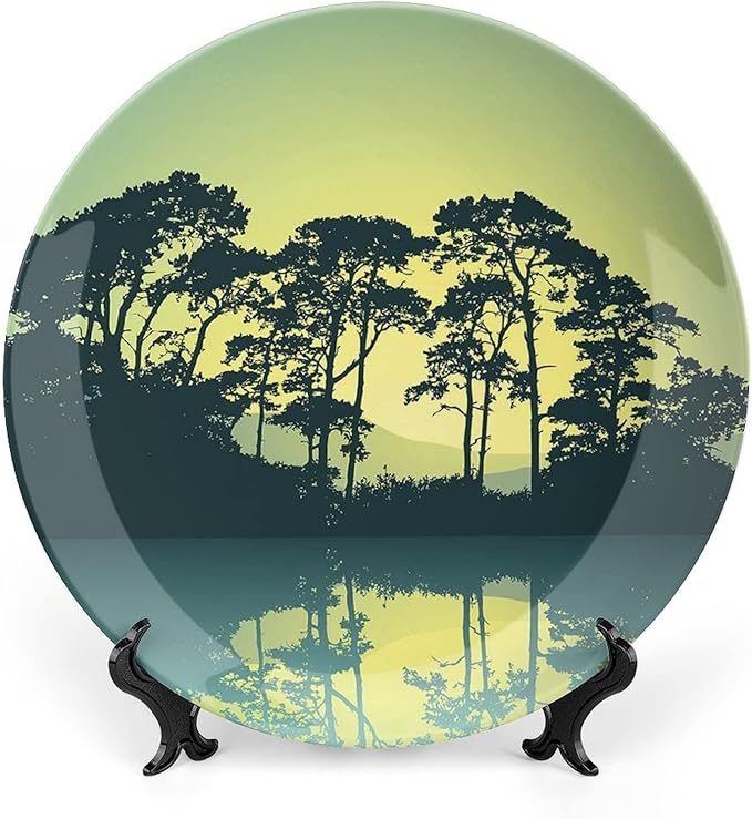 XISUNYA 8 Inch Decorative Plate, Mystic Forest Dinner Plate, Trees Abstract Mountain View and Lake River Print Ceramic Wall Hanging for Home & Office Wall Hanging Decor