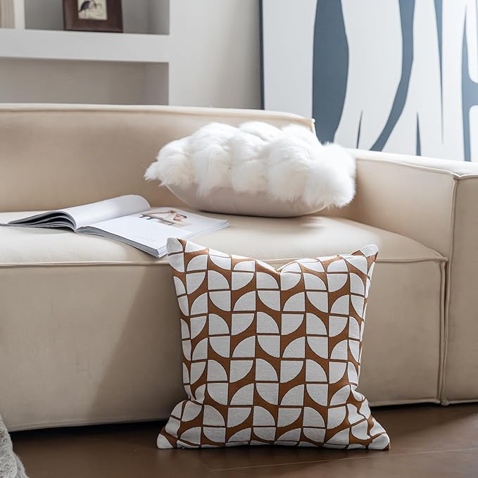 Premium Throw Pillow Covers 18x18 Inches - Tawny Birch Geoleaf Chenille Jacquard Embroidery Decorative Couch Pillow Covers for Living Room Bedroom Sofa Home Décor
