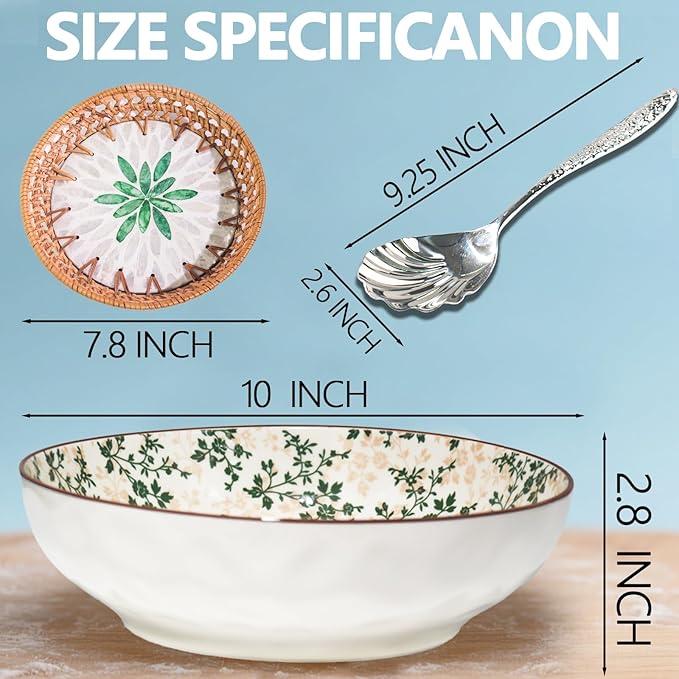 10"Ceramic Large Salad Serving Bowl with Serving Utensil & 7.8"Round Rattan Tray with Mother of Pearl Inlay for Vegetables, Fruit, Baking, Dessert, Kitchen, Party Diy, Pre Meal and Serve Dishes