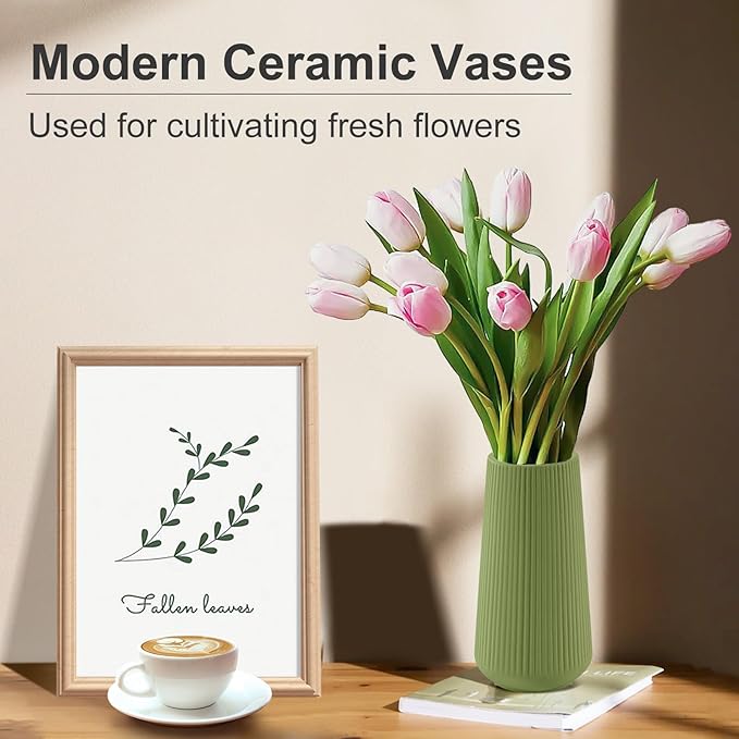 Saga Green Ceramic Vase, GUKJOB Small Cute Flower Vase for Pampas Grass, Home, Living Room, Dining Table, Farmhouse, Office Decor, Bedroom, Table, and Kitchen Shelf (Saga Green)