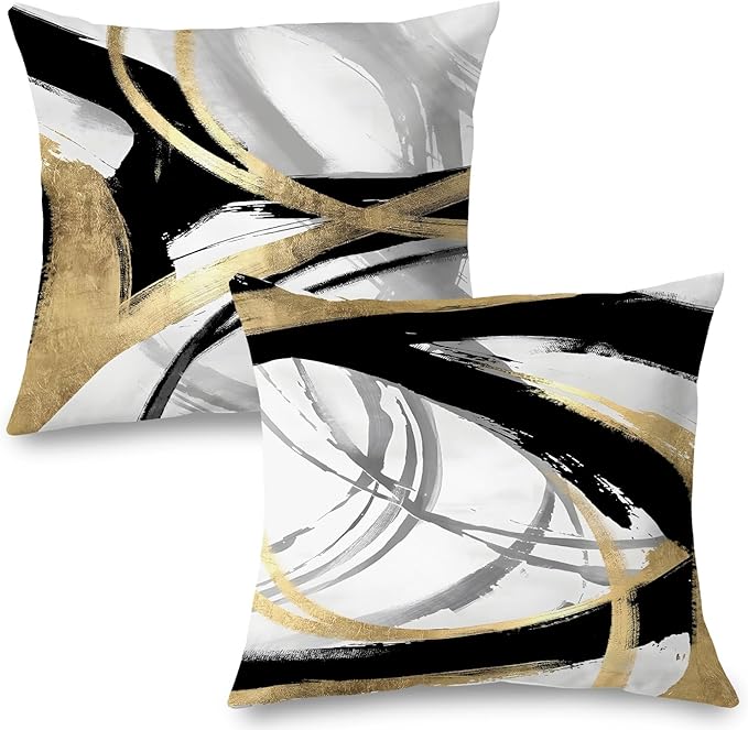 Black White and Gold Pillow Covers, Abstract Black and Gold Pillow Covers 16x16 Set of 2, Modern Boho Home Decor, Black and Gold Decorative Throw Pillows Cover for Couch Living Room Bedroom