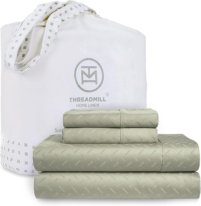 Threadmill Cotton Full Size Sheet Set | 100% Cotton Sheets for Full Size Bed | Damask Jacquard Full Bed Sheets Set with 16” Deep Pocket | Soft Sateen Weave 4-Piece Cooling Bedding Set | Sage Green