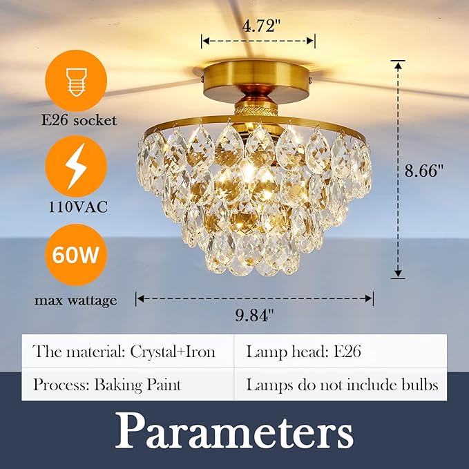 YYJLX Modern E26 Small Crystal Chandelier Semi Flush Mount Ceiling Light Fixture Gold Ceiling Lamp for Hallway Bedroom Bathroom Closet Bedroom Foyer