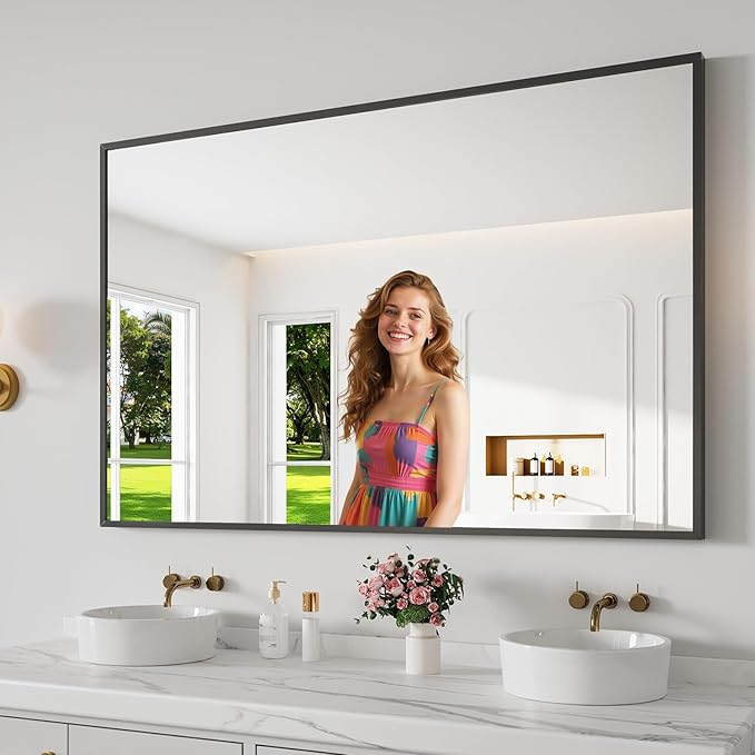 Koonmi Bathroom Mirror 36x55 Bathroom Wall-Mounted Mirrors, Modern Vanity Mirror for Bedroom, Living Room, Aluminum Alloy Frame Allow to Hang Horizontally or Vertically