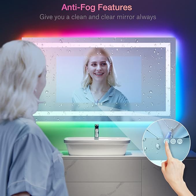 LOAAO 55X30 Inch RGB LED Bathroom Mirror with Lights, Anti-Fog, Dimmable Lighted Bathroom Vanity Mirror, Colorful Multiple Light Modes, RGB Backlit + Front Light, Memory Function