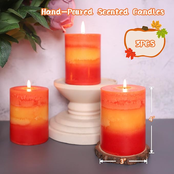 3x4 Inch Pillar Candles 3 Pack Rustic Orange Handmade Layered Clean Burning Pumpkin Spice Scented Candles Fall Harvest Aesthetic Halloween Decorative for Home Dinner Table Decor