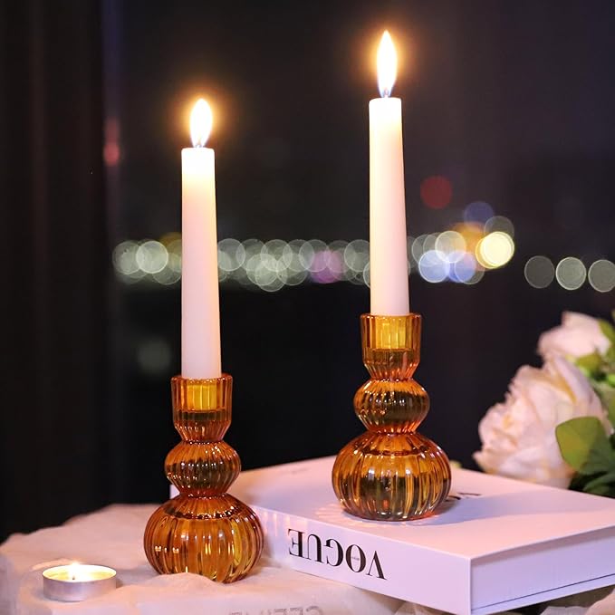 Woho Amber Candlestick Holders Set of 6 4.3" H for Thanksgiving/Fall Decorations, Ribbed Glass Taper Candle Holders Halloween Table Centerpiece, Vintage Candle Sticks Holder Decor for Boho Home Decor