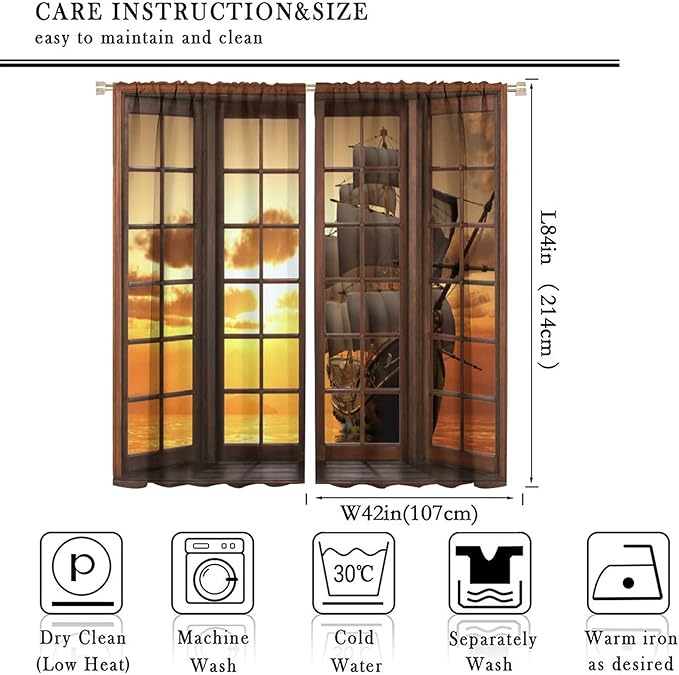 Retro Ship Curtains, Window View Sailing Boat Ship Schooner, Nautical Style Ocean Sunset Landscape Print Blackout Window Drapes for Boys Bedroom Living Room 84x84in