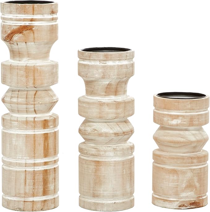 Deco 79 Wood Pillar Candle Holder with White Wash Finish, Set of 3 14", 11", 8"H, Brown