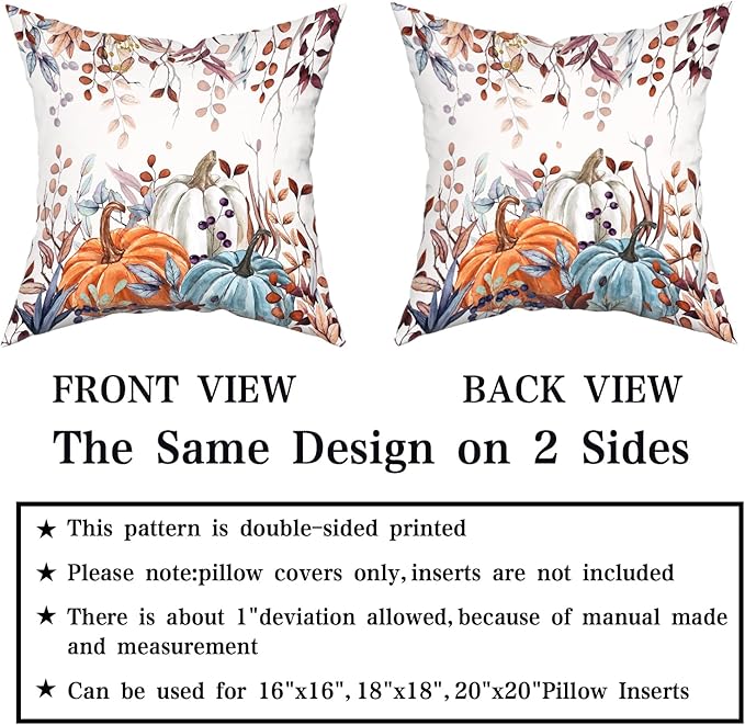 Giwawa Fall Pillow Covers Set of 2 16x16 Inch Orange Blue White Pumpkins Autumn Leaves Thanksgiving Cushion Covers Farmhouse Decorative Square Double Sided Throw Pillowcases for Indoor Outdoor Holiday