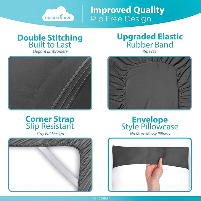 DREAMCARE Twin XL Sheet Set - Cooling Bed Sheets - 4pc Set - Deep Pocket - Soft & Long Lasting 100% Polyester with Side Pocket - Dark Gray