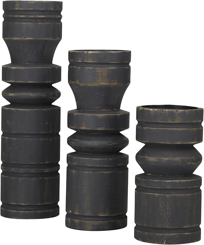 Deco 79 Wood Decorative Candle Holder Candle Stand, Set of 3 Candlestick Holder 14", 11", 8" H, Black