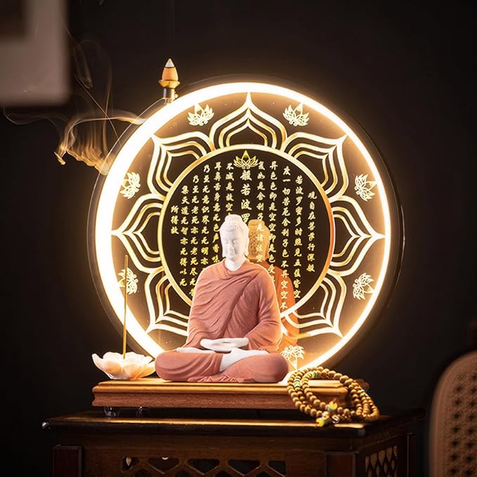 Shakyamuni Buddha Ceramic Statue Indoor Backflow Incense Burner with Led Ring Light Heart Meridian Painting，Meditation Decoration for Home and Office, Suitable for Cone and Stick Incense
