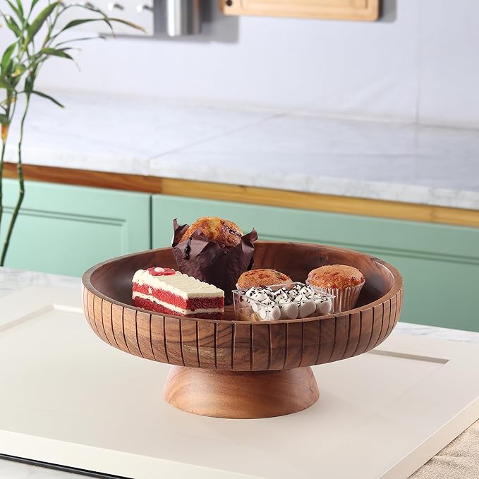 Acacia Wood fruit bowl with pedestal | 12" dia | Decorative bowl used as Centerpiece for kitchen counter or dining table | Wooden table decor| (Natural Finish)