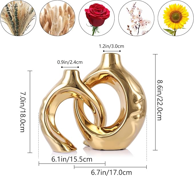 LCCCK Gold Ceramic Vases for Home Decor, Boho Vase for Flowers Pampas Grass Decorative, Hollow Donut Small Vase for Living Room Table Wedding Centerpiece Modern Vases (Gold)