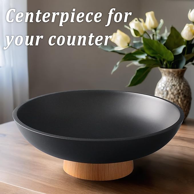 Modern Resin Pedestal Bowl – Large Fruit Bowl for Kitchen Counter, Catch All Tray for Entryway Table, Stylish Key Bowl & Dining Centerpiece, Black