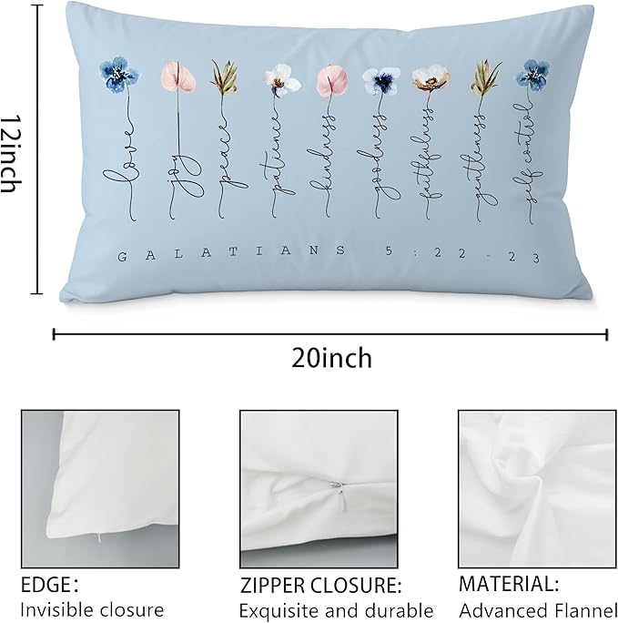 Fruit of The Spirit Bible Verse Pillow Covers 12x20, Boho Floral Christian Throw Pillow Covers for Home Office Church Decor, Christian Gifts for Women, Faith Based Gifts(Blue)