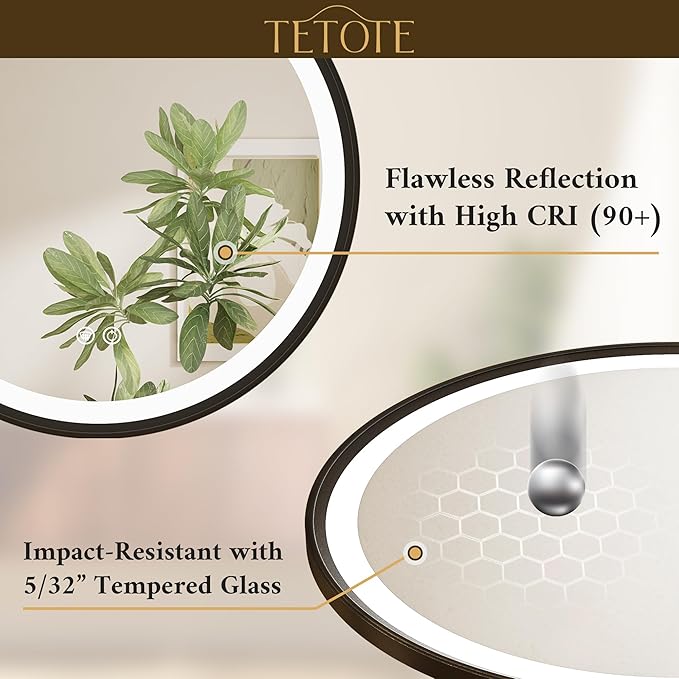 TETOTE Round Led Lighted Bathroom Mirror Matte Black Frame 30 Inch Front and Backlit Circle Round Light up Vanity Mirror with Lights, 3 Color Illuminated Dimmable Anti Fog Wall Mount, IP54 CRI 90+