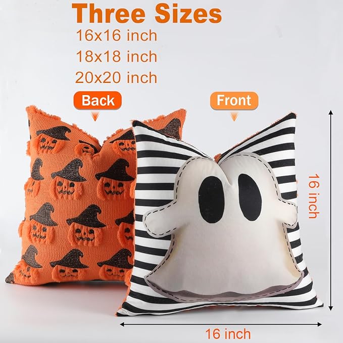 TOYPOPOR Halloween Decorations, 2 Packs Double Sided Ghost Pillow Covers, Soft Fur Throw Pillow Cases Indoor outdoor Pumpkin Couch Cushion Case for Fall Autumn Bedroom Living Room Home Decor 16''x16''