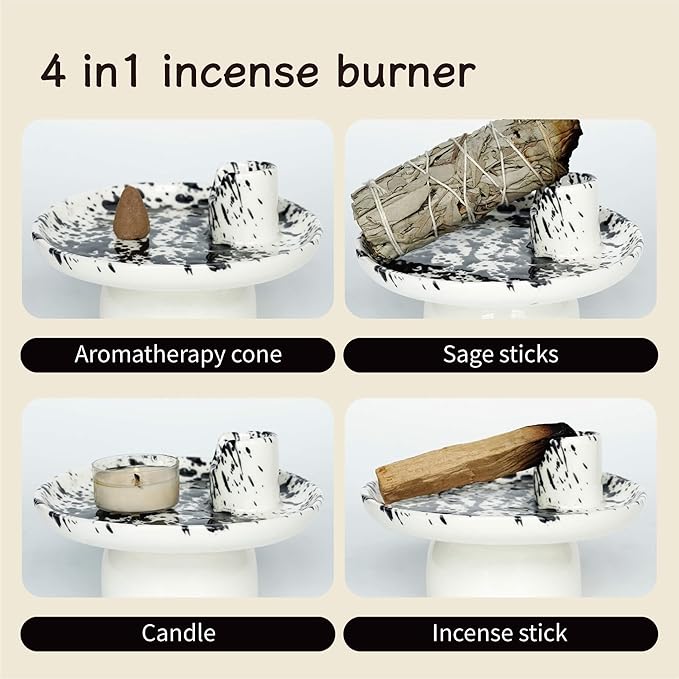 4-in-1 Ceramic Incense Burner Holder, 5-Inch Multipurpose Incense Ash Catcher for Sage, Palo Santo, Cone Incense and Candles (Black Dots)