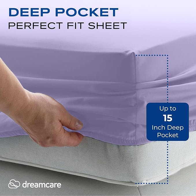 DREAMCARE Twin XL Sheets Set - 4 Pcs Cooling Bed Sheets with Up to 15" Deep Pockets - Soft, Long-Lasting 100% Brushed Polyester with Side Pocket (Lavender)