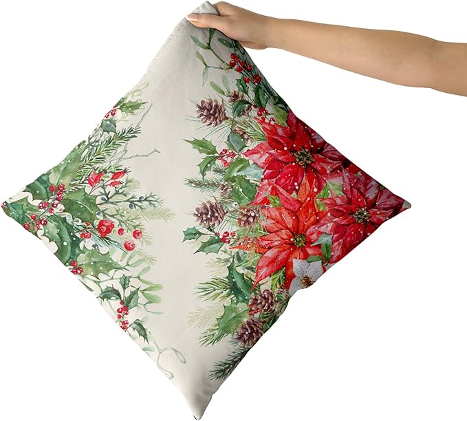 Giwawa Poinsettia Throw Pillow Covers Set of 2, 16"x16" Christmas Holly Berries Pine Cones Winter Red Floral Decorative Square Pillow Cases, Soft Cotton Cushion Covers for Sofa Porch Bedding Decor