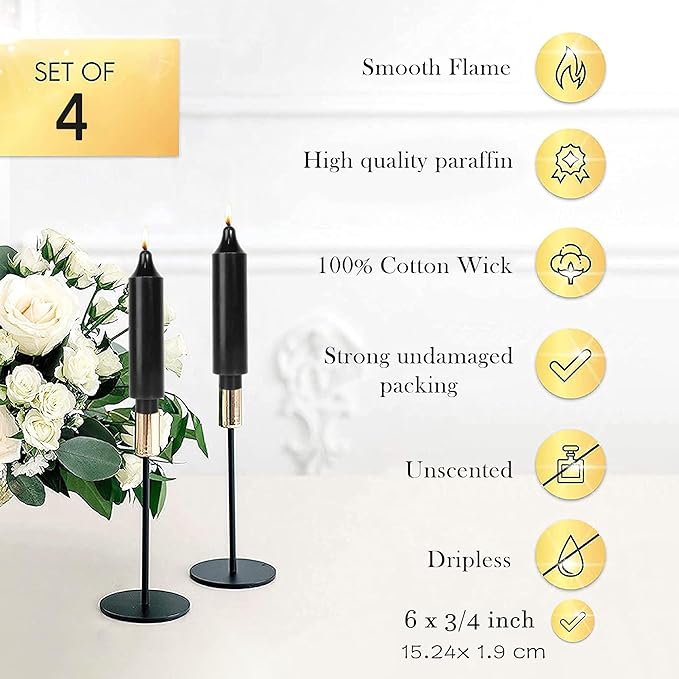 Black Short Taper Candles 6 inch Candle Sticks Unscented Dinner Candle Dripless for Home Decor,Set of 4