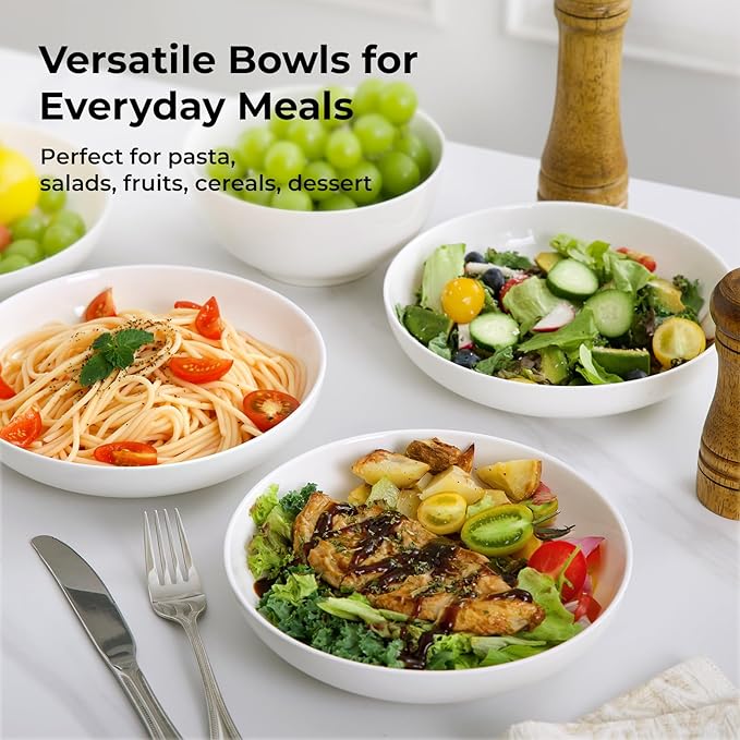 Y YHY Pasta Bowls for Small Portions, 22 Ounce Salad White Bowl Plates Set of 6, Porcelain Dishes for Serving Dinner - Dinnerware Sets Microwave Dishwasher Safe Thanksgiving Day Gift