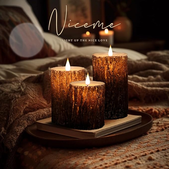 NICEME Rechargeable LED Pine Bark Flameless Candles with Timer Remote USB Cable, Brown Real Wax USB Candles Flickering Fireplace Cabin Decor Electric Fake Battery Pillar Bark Candles, D 3”×H 4”5”6”