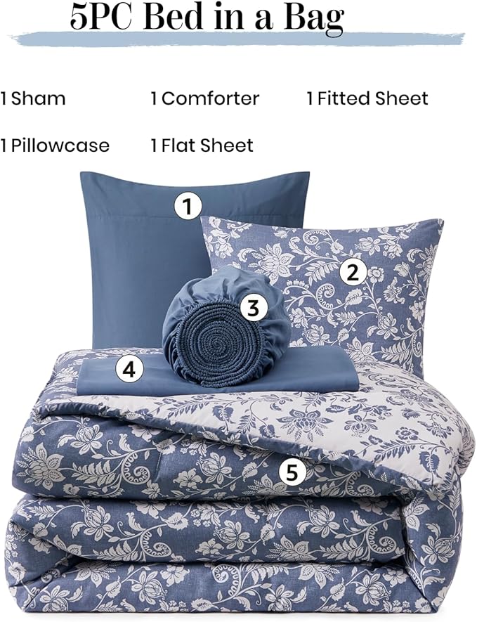 Full Comforter Set -7 Pieces Floral Oxford Blue Comforter Set for All Seasons, Bed in a Bag Full with Botanical Flowers Comforter, Sheets, Pillowcases & Shams