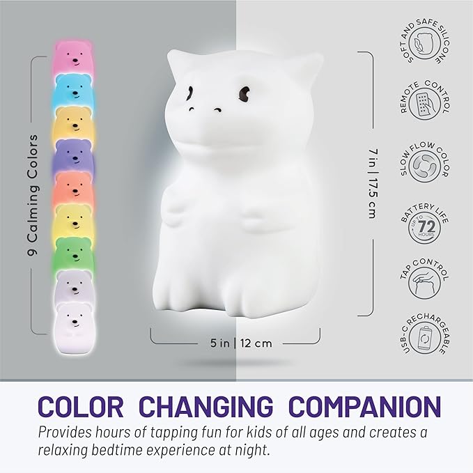 Lumipets Remote Control Silicone Night Light for Kids - Dragon Design with 9 Soft Colors & Sleep Timer - Rechargeable, Battery-Operated Lamp for Bedroom | Baby Nursery, Toddler, Girls, Boys