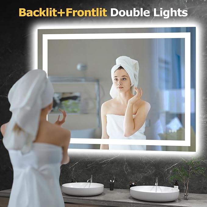 48X36 LED Bathroom Mirror with Lights, Anti-Fog, Dimmable, Backlit + Front Lit, Smart Bathroom Vanity Mirror, Memory Function, Shatterproof, Tempered Glass (Horizontal/Vertical)