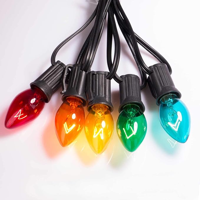 C7 Replacement Light Bulbs, 25 Pack Transparent Blubs for Outdoor String Lights, Multicolor, E12 Candelabra Vintage Christmas Bulbs