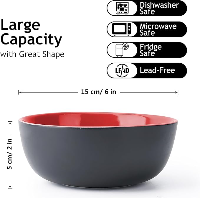 MIAMIO - 6 x 20.2 oz Stoneware Bowl Set Outside Black Inside Colourful - Le Papillon Collection (Red)