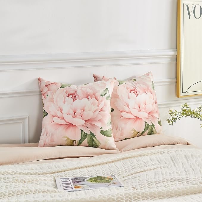 Pink Floral Throw Pillow Covers 24x24 Set of 2, Decorative Peony Flower Cushion Cases, Soft Plush Pillow Covers for Farmhouse Sofa Couch Bed Home Decor
