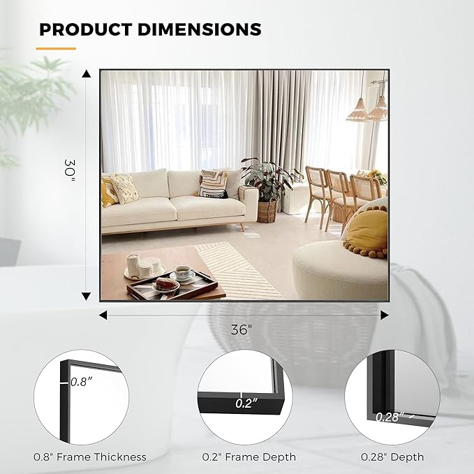 30x36 Inch Black Bathroom Mirror for Wall, Aluminum Frame Rectangle Rectangular Vanity Mirror, Modern Large for Bedroom, Living Room, Horizontal or Vertical