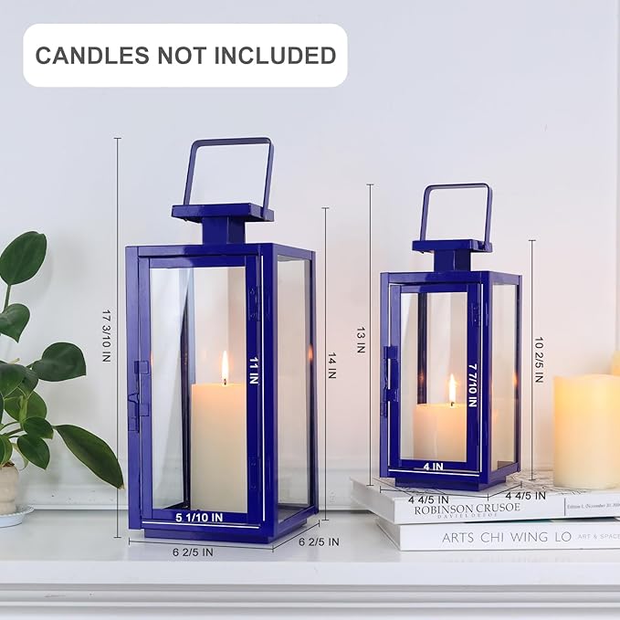 DECORKEY Christmas Decorations Outdoor&Indoor, 17''&13'' Set of 2 Blue Decorative Candle Lanterns, Modern Hanging/Tabletop Candle Holders for Christmas Home Porch Patio Wedding Decor